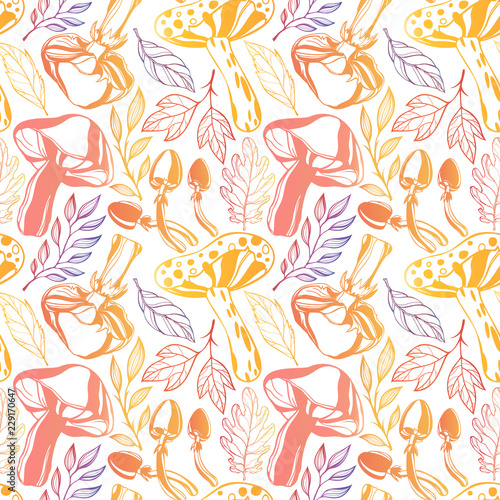Seamless pattern. Bright pattern with stylized mushrooms and leaves in fall colors.Perfect for prints, flyers,banners,invitations,special offer and more.Vector autumn illustration.