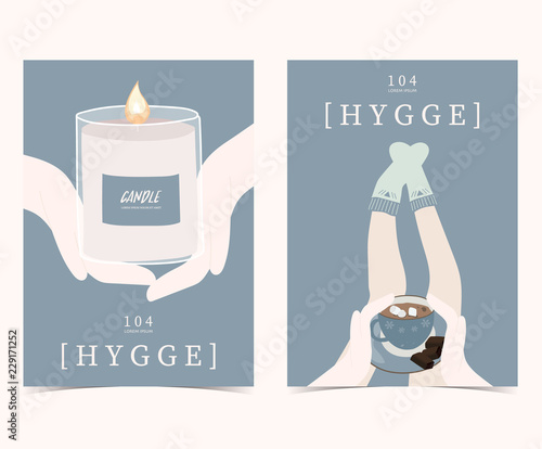 Blue set of hygge cards and posters with candle,hand,sock,leg and coffee photo
