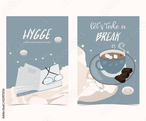 Blue set of hygge cards and posters with book,candle,glasses and chocolate.Let's take a break