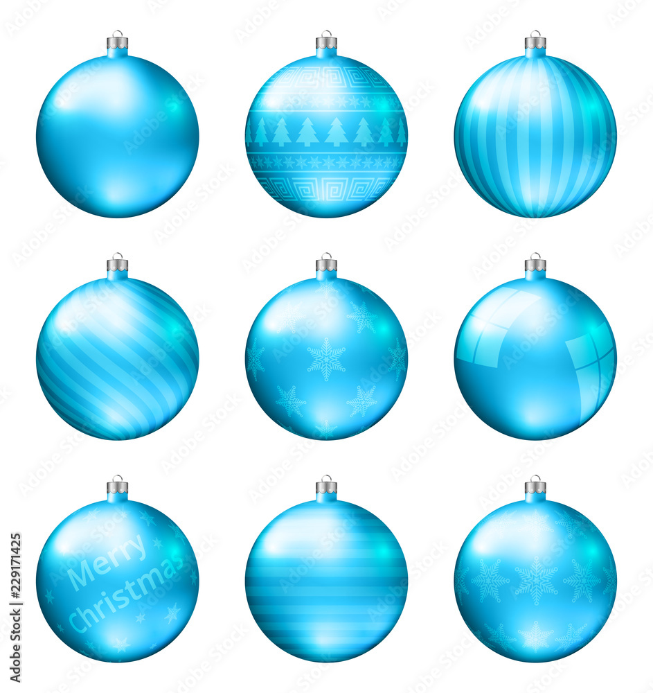 Light blue christmas balls isolated on white background. Photorealistic high quality vector set of christmas baubles. Different pattern. Light blue christmas balls isolated on white background. Photorealistic high quality vector set of christmas baubles. Different pattern.