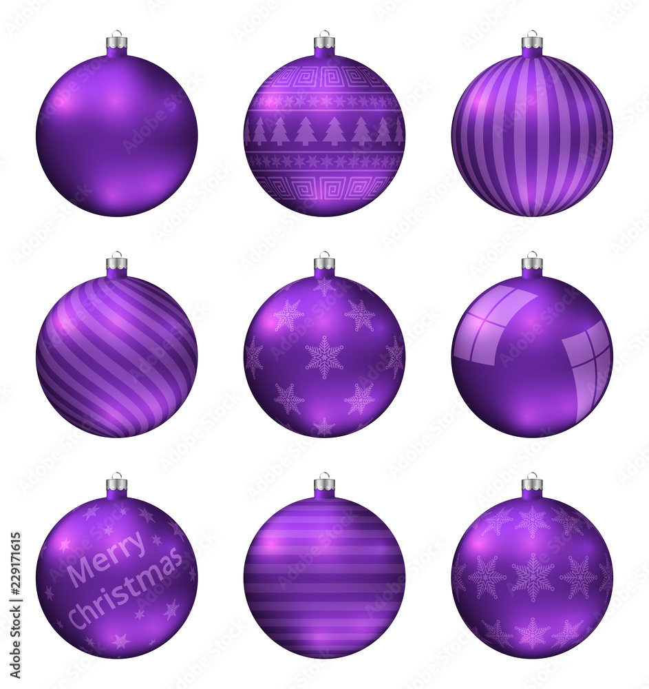 Violet christmas balls isolated on white background. Photorealistic high quality vector set of christmas baubles. Different pattern. Violet christmas balls isolated on white background. Photorealistic high quality vector set of christmas baubles. Different pattern.