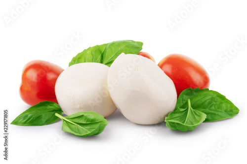 Mozzarella cheese with cherry tomatoes and basil on a white background photo
