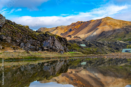 Beautiful Icelandic landscape of mountain with the big lake and reflection