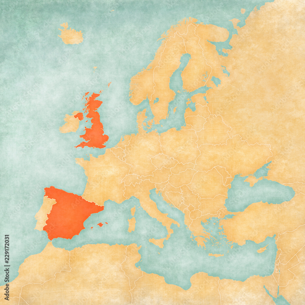 Map of Europe - United Kingdom and Spain