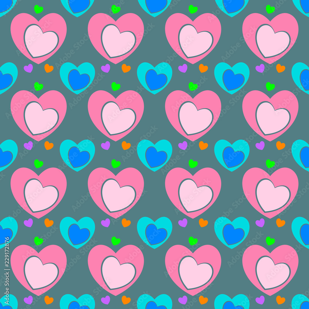 Seamless pattern of heart texture in pink, blue, purple, green, orange colors, different heart sizes on green background. Flat design vector, EPS10, for wallpaper, gift wrap paper, tile prints.