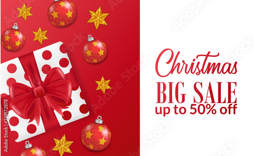 Christmas sale banner template with illustration of gift box and ball decorative