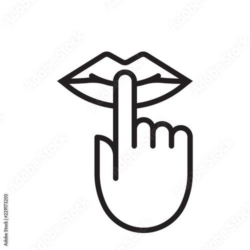 Keep silence and be quiet mouth lips and finger silent sign, no noise vector icon