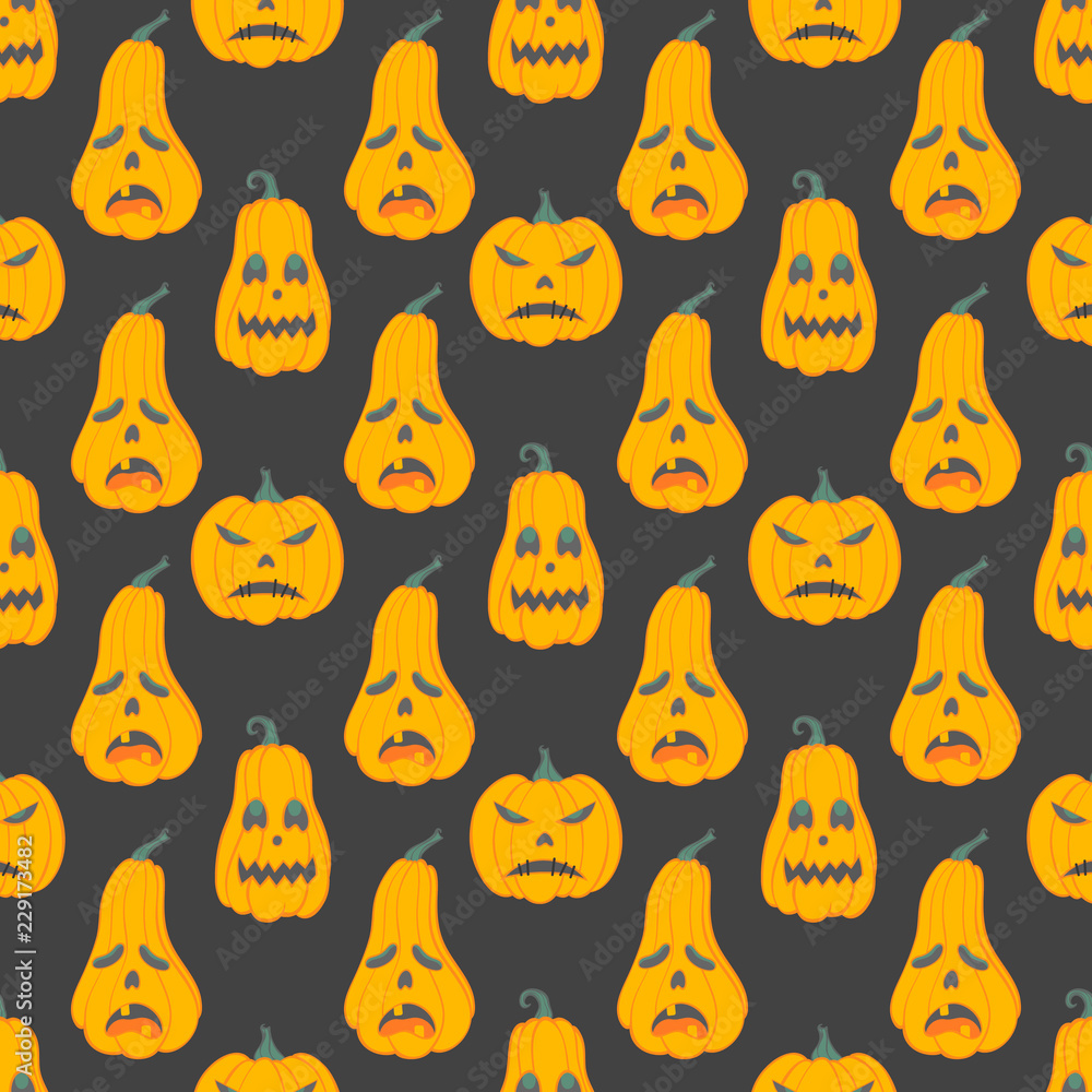 Seamless pattern. Halloween pattern with angry pumpkins. Perfect for prints, flyers, banners, invitations, greeting scrapbooking, congratulations and more.Vector Halloween illustration.
