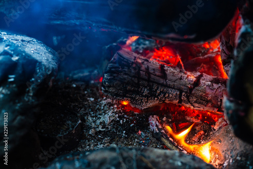 Wallpaper Mural Smoldered logs burned in vivid fire. Atmospheric background with orange flame of campfire. Unimaginable detailed image of bonfire from inside with copy space. Smoke and ashes close up. Torontodigital.ca