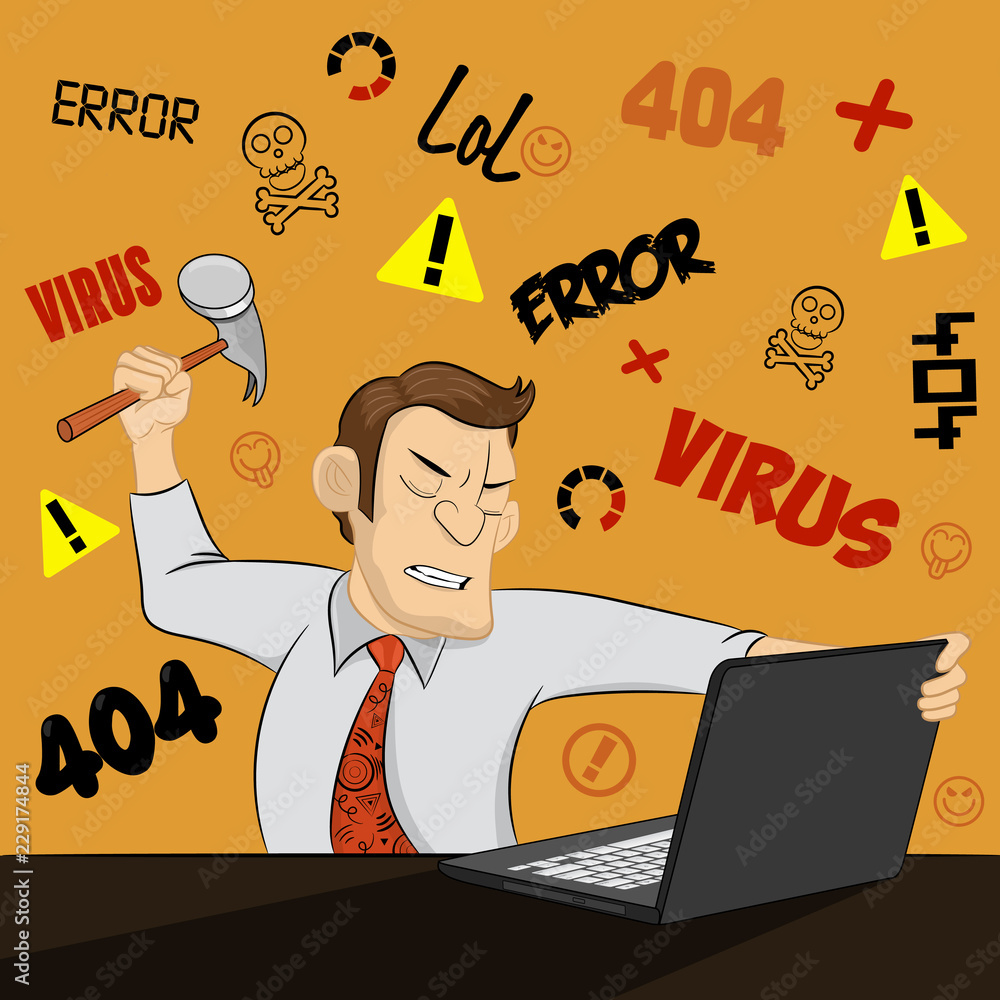 An angry man destroys his computer with a hammer on funny background.  Furious young businessman ready to smash his laptop. Extremely angry guy  destroying his computer. Concept of computer problem. Stock Vector