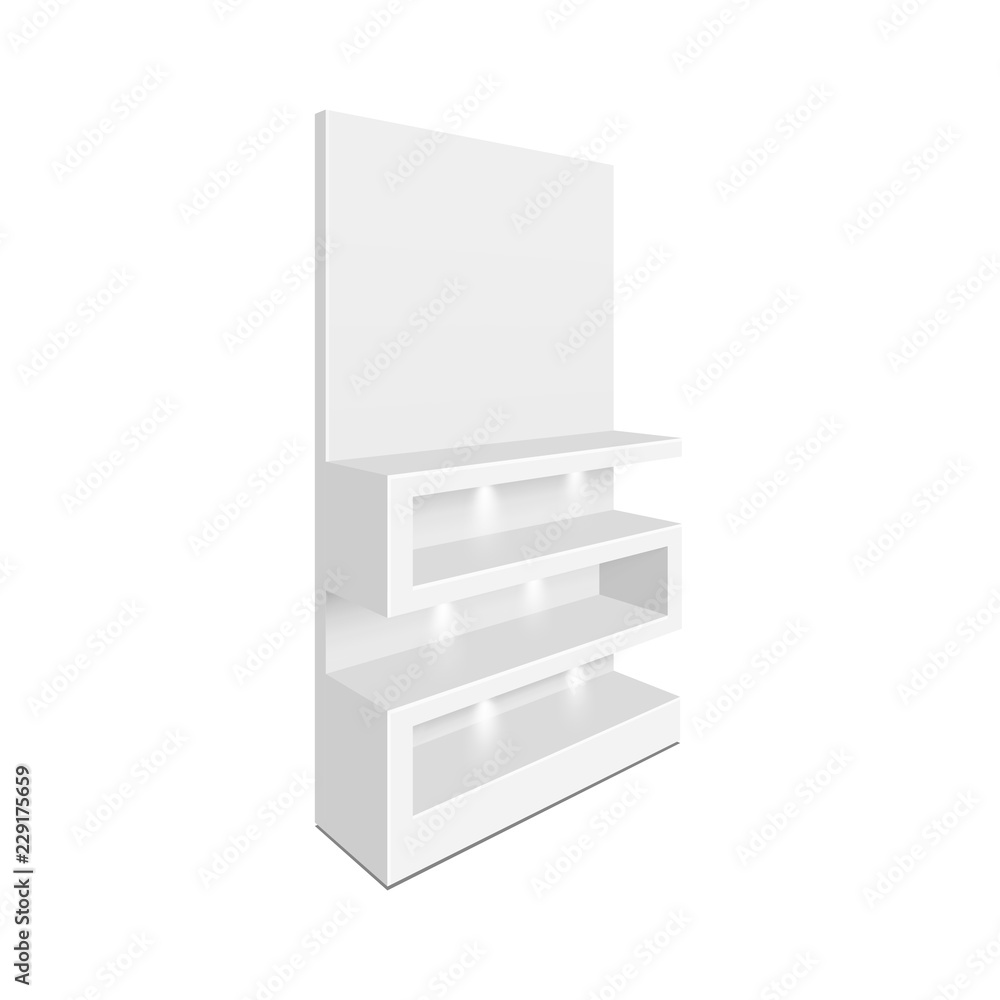 Exhibition shelves for supermarket. Illustration isolated on white background. Graphic concept for your design Exhibition shelves for supermarket. Illustration isolated on white background. Graphic concept for your design