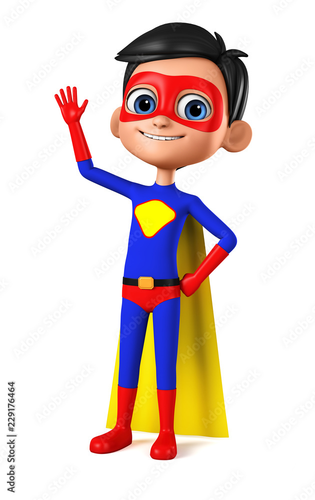 Cartoon character for advertising. Boy in blue superhero costume with raised hand up on white background. 3d render illustration.