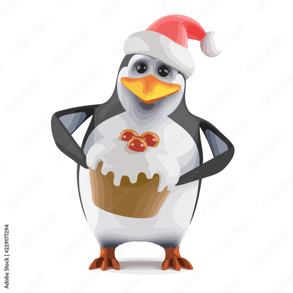 Obraz premium Vector 3d Santa penguin has a tasty Xmas cake