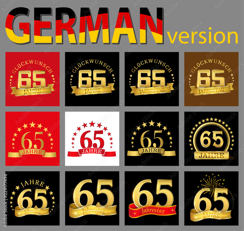 Set of number sixty-five (65 years) celebration design. Anniversary golden number template elements for your birthday party. Translated from the German - congratulation, years, anniversary.