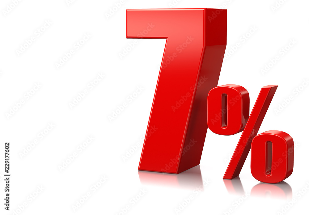 Red seven percent on white reflective background. 3d rendering. Illustration for advertising. Red seven percent on white reflective background. 3d rendering. Illustration for advertising.