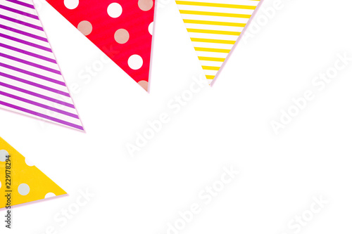 Colourful paper flag on white background for party decoration