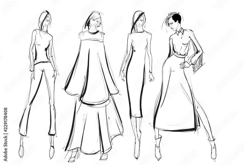 Sketch. Fashion Girls on a white background. Vector illustration Sketch. Fashion Girls on a white background. Vector illustration