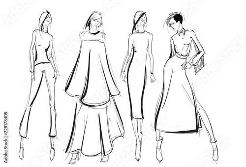 Sketch. Fashion Girls on a white background. Vector illustration