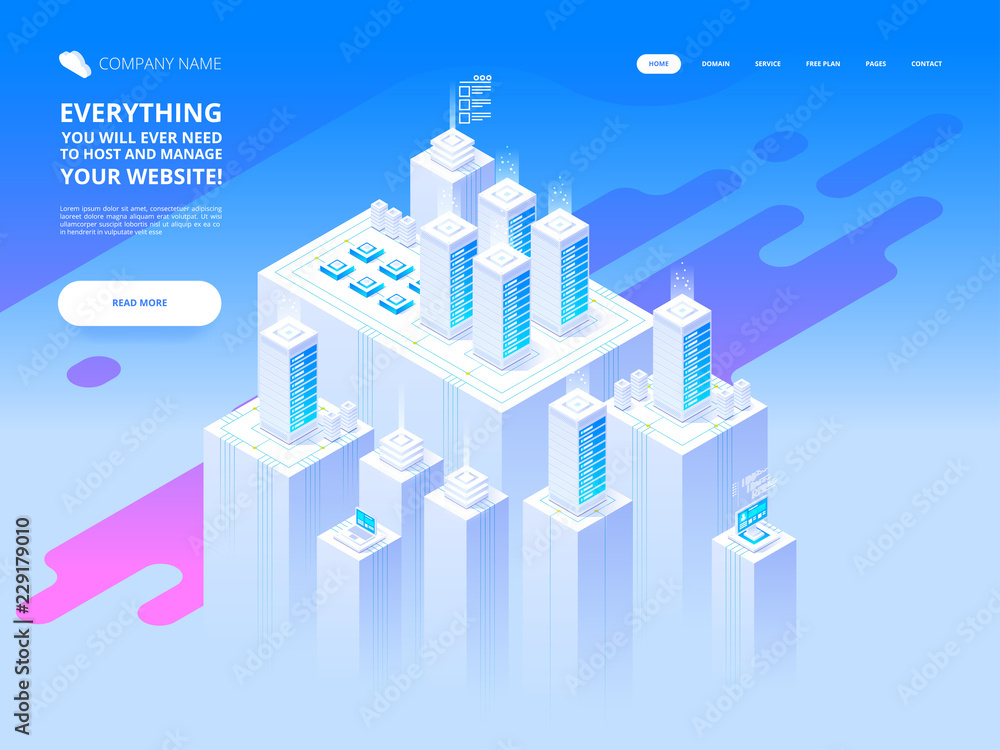 Hosting concept with cloud data storage. Header template.