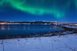Beautiful winter night landscape with northern lights, Aurora borealis, Gausvik, Lofoten Islands, Norway