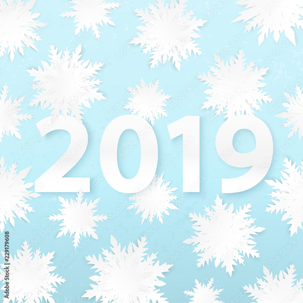 Origami snowflakes. 2019 New Year. Winter holidays card. Paper cut snow. Grunge background. Happy New Year poster. Christmas. Cutout. 3d paper cut effect. Origami snowflakes. 2019 New Year. Winter holidays card. Paper cut snow. Grunge background. Happy New Year poster. Christmas. Cutout. 3d paper cut effect.