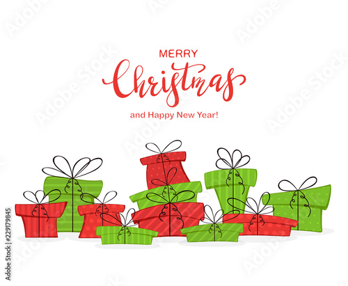 Presents and lettering Merry Christmas and Happy New Year on White Background