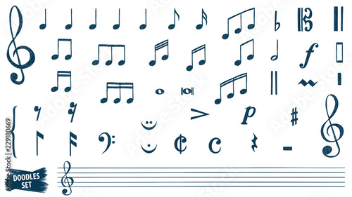 Music notes doodles set.  Treble clef. Hand drawn detailed sketch. G-clef. Scribbles collection. Scrawl. Piano. Organ. Symphony. Melody. Classic music.