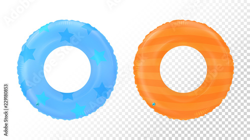 Swim rings set. Inflatable rubber toy. Lifebyou colorful vector collection. Realistic summertime illustration. Summer vacation or trip safety item. Top view swiming circle for ocean, sea, pool.