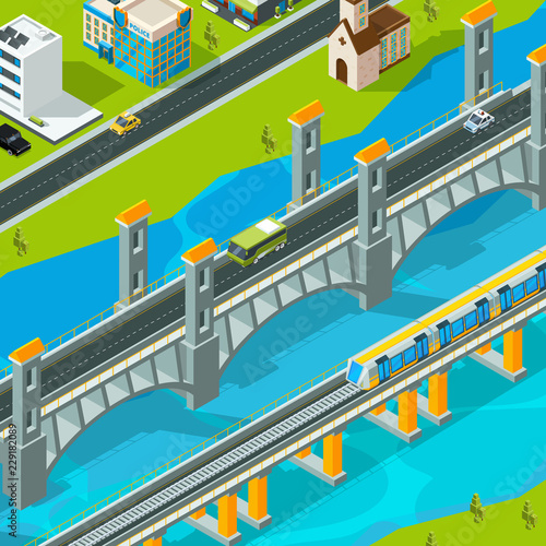Town bridge landscape. Building footbridge pedestrian car overpass road viaduct vector isometric landscape. Bridge road isometric, railroad isometry and roadway illustration