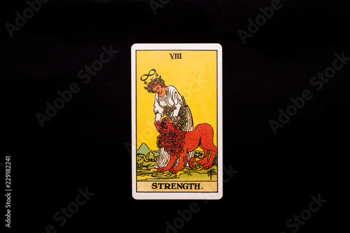 An individual major arcana tarot card isolated on black background. Strength.
