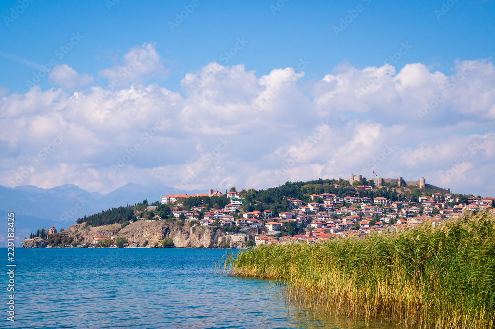 Coastal view of Ohrid, a historical city by the Lake Ohrid, Macedonia.