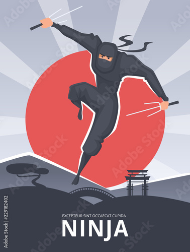 Martial poster. Placard with male aggressive fighter in action pose samurai ninja traditional asian heroes vector character. Ninja male fighter, martial poster with japanese assassin illustration