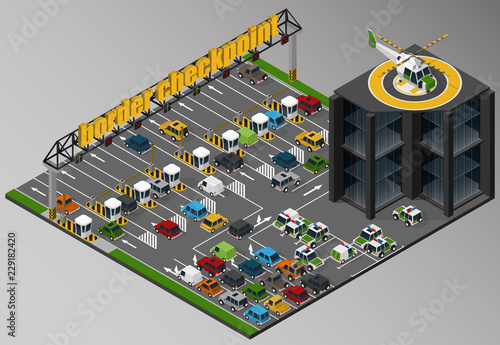 Vector isometric illustration of a border checkpoint, border patrol and the surrounding road infrastructure.