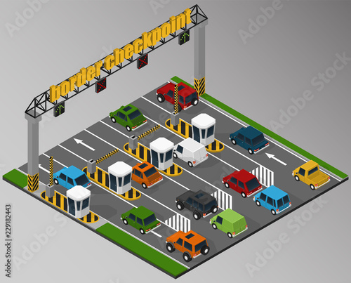 Vector isometric illustration of a border checkpoint and the surrounding road infrastructure.