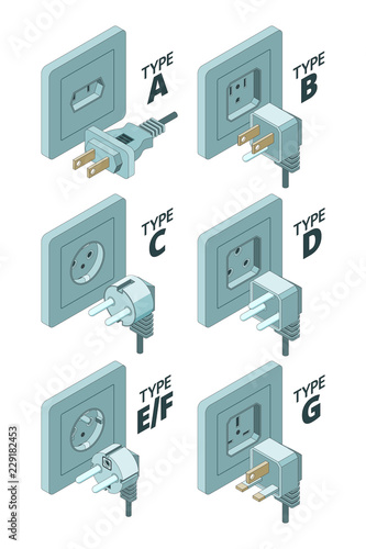 Power plug types. Electricity energy box connector meter 3d isometric vector illustrations. Plug type 3d, connector electricity set
