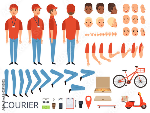 Pizza delivery animation. Fast food courier body parts with professional items box bike vector character creation kit. Courier creation kit hand and foot illustration
