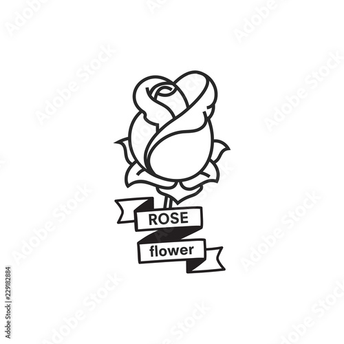 Rose line icon with inscription on tape. American old school tattoo. Vector illustration.