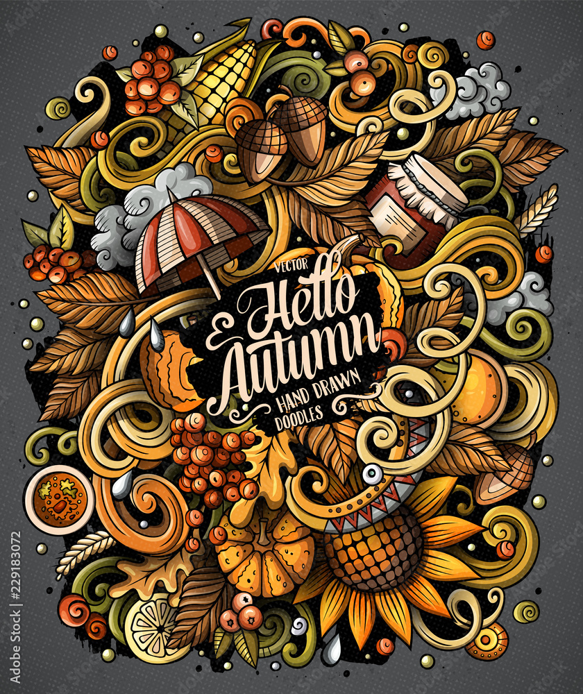 Cartoon cute doodles hand drawn Autumn illustration. All items are separate.