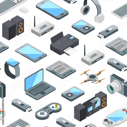 Vector isometric gadgets icons pattern or background illustration. Printer and drone, router and flash drive