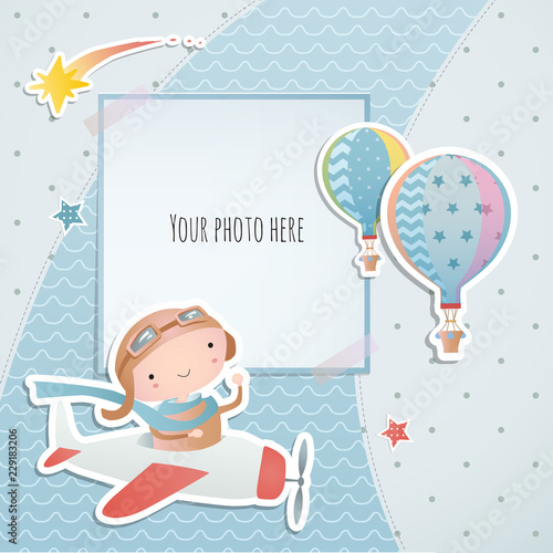 Holiday card design with pirate and boat. Baby shower. Paper, scrapbook.