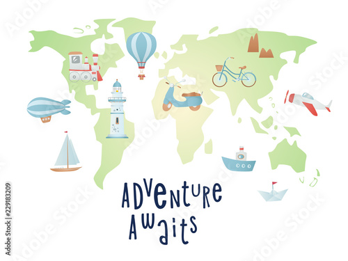 Set of cartoon elements on the world map. Time of adventure. Holiday card design.