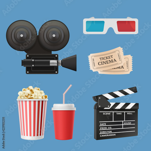 Cinema 3d icons. Movie camcorder clapperboards film tape and stereo glasses vector realistic objects isolated. Illustration of cinema clapperboard, cinematography elements collection