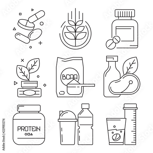 Sport medication icons. Whey multivitamin pills drinks supplement dietary fitness food vector linear symbols. Protein and bcaa, supplement to workout training, container with powder illustration