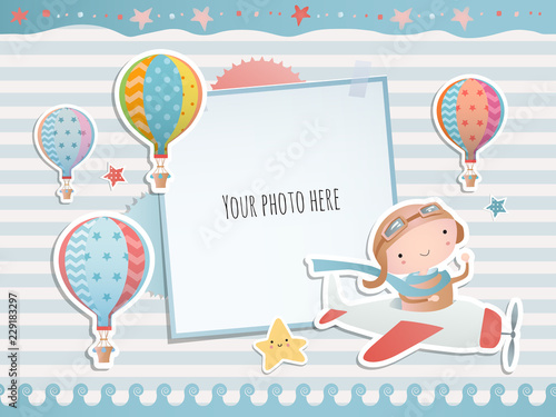 Holiday card design with pirate and boat. Baby shower. Paper, scrapbook.