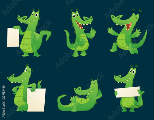 Alligator characters. Wildlife crocodile amphibian reptile animal cartoon mascot poses vector illustration set. Alligator with banner for advertising  placard poster