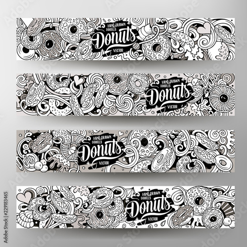 Cartoon cute colorful vector hand drawn doodles Donuts banners design