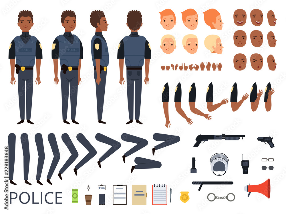 Police characters. Detail creation kit constructor bodyguard man cop poses  and uniform professional clothes and tools vector cartoon. Police face and  policeman body generator illustration Stock Vector | Adobe Stock