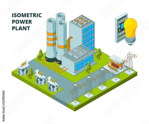 Electric power factory. Industrial electricity plant or station energy buildings vector 3d isometric pictures. Illustration of power energy electricity plant