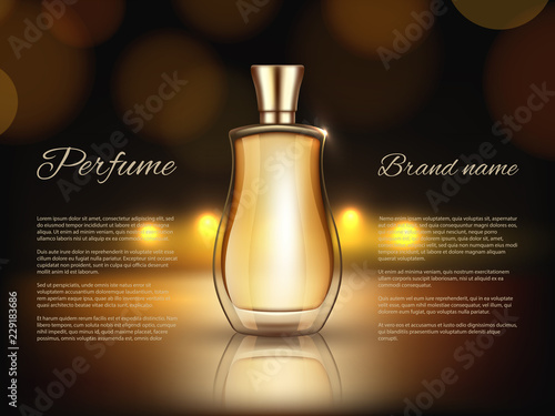 Perfumes advertizing. Realistic illustrations of perfumes bottles. Vector perfume advertisement with container glass