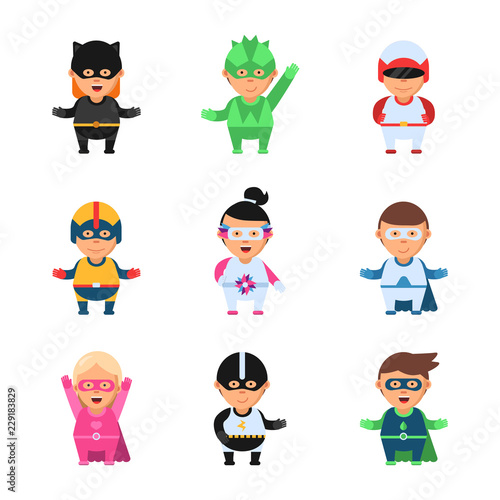 Little superheroes. Hero comic cartoon 2d figures of kids in colored mask game toy sprite vector characters isolated. Superhero mask and costume, super hero kids characters illustration